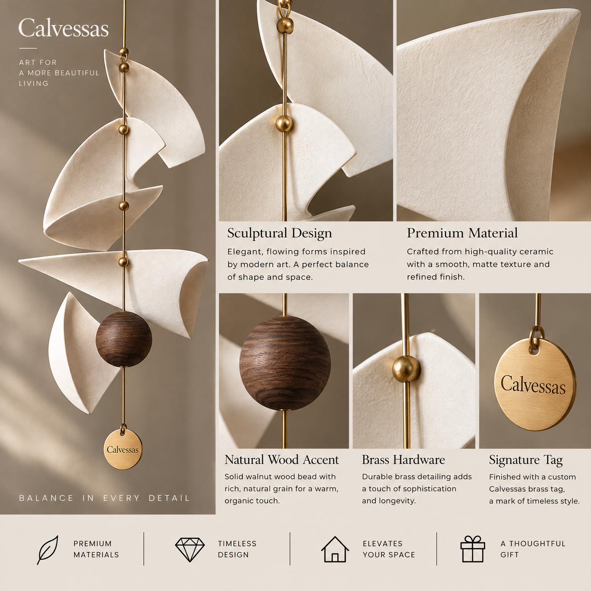 Calvessas™ Aveline Ivory Sail Hanging Sculpture