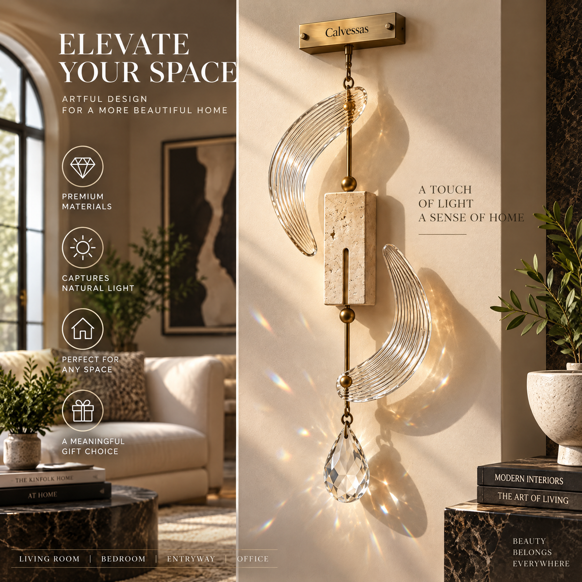Calvessas™ Lunaris Crystal Arc Hanging Sculpture